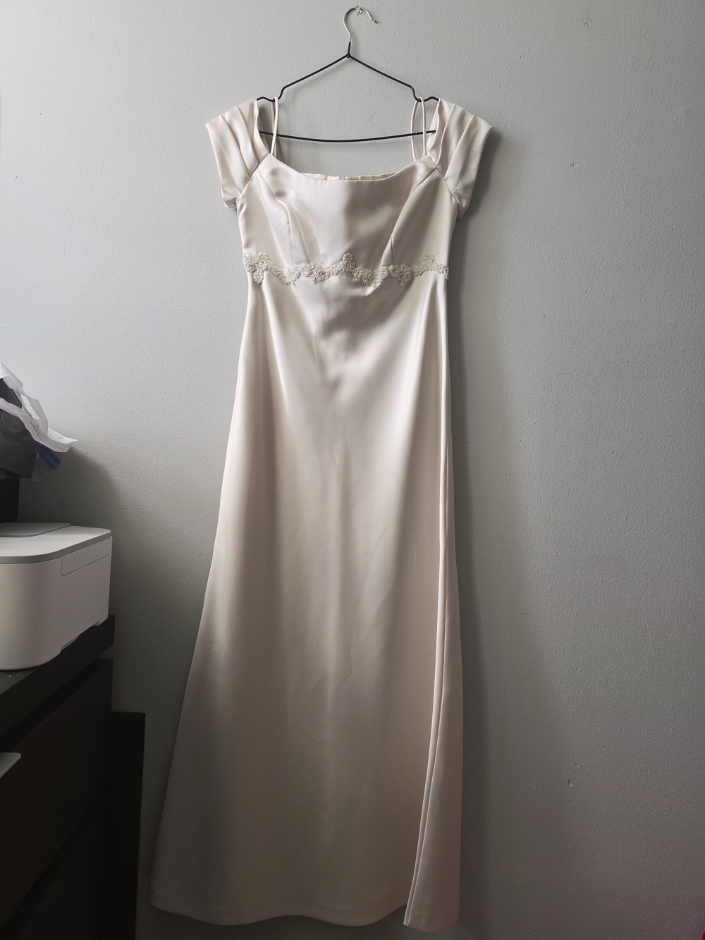 Michaelangelo Ivory Satin Maxi Dress with Lace Trim Minimalist Elegant